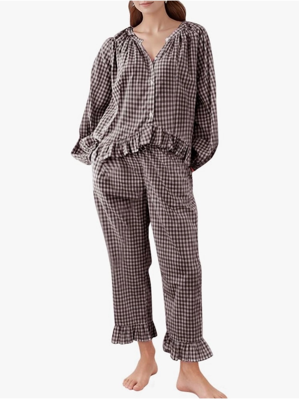 Amazon Women’s Brown Gingham Ruffle Pajama Set